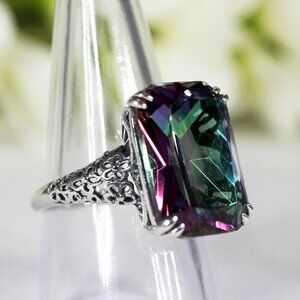 Sterling Silver Filigree Ring with simulated Aquamarine, Mystic Topaz or Peridot